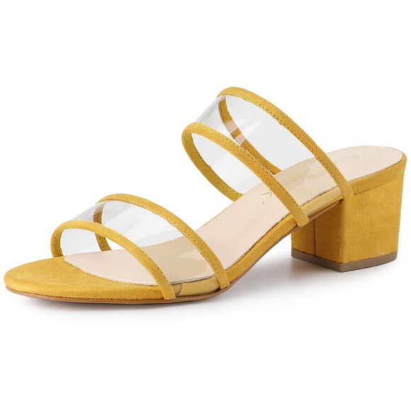 Allegra K Shoes - Clear Strap Block Heel Yellow Slide Sandals
